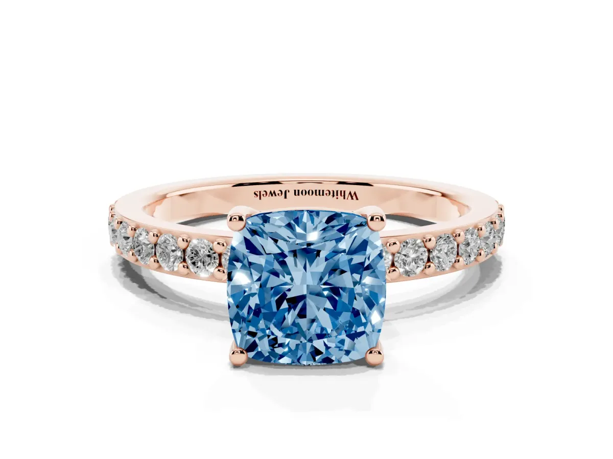 Fancy Blue Cushion Cut Cut Diamond Solitaire with Pave Band and Four-Prong Setting Rose gold