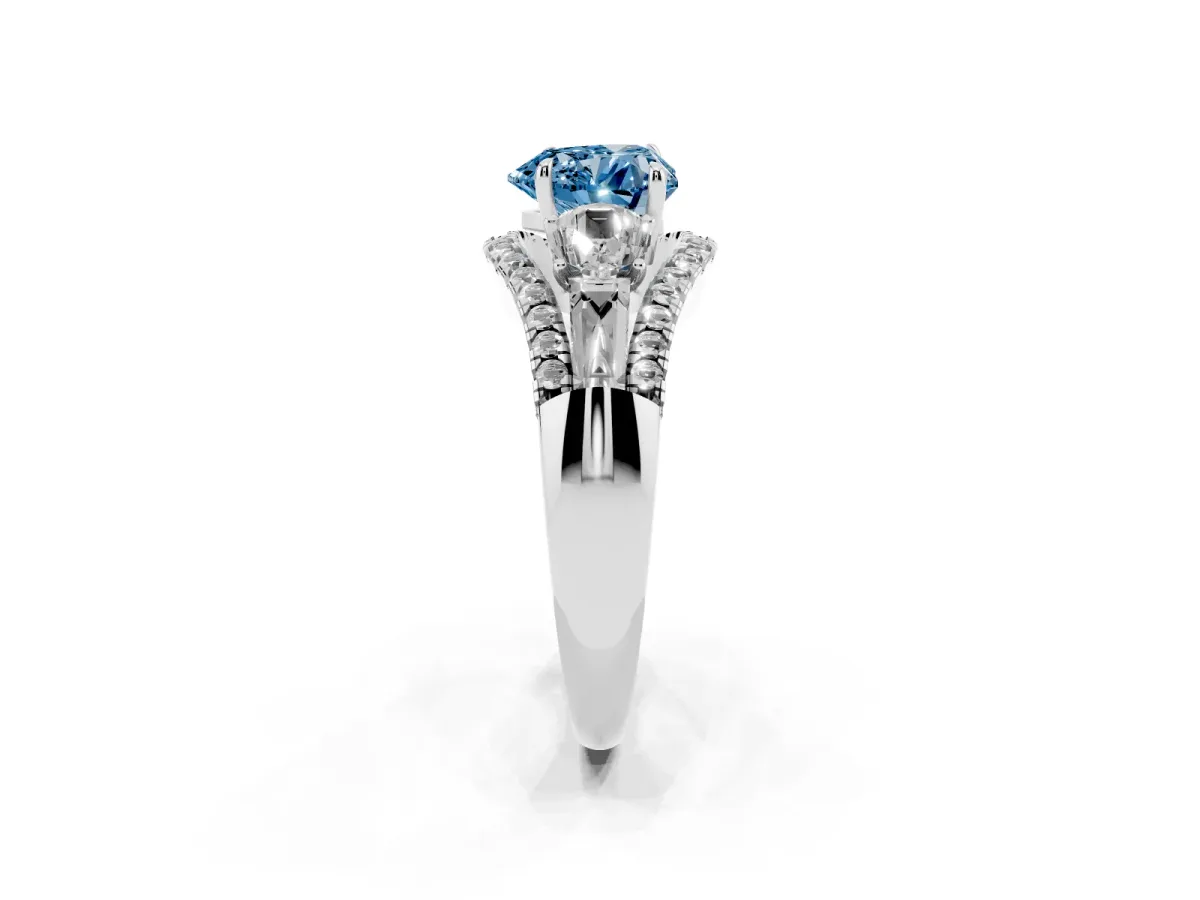 Fancy Blue Three-Stone Heart Cut Diamond Engagement Ring with Pave Band and Prong Setting Silver