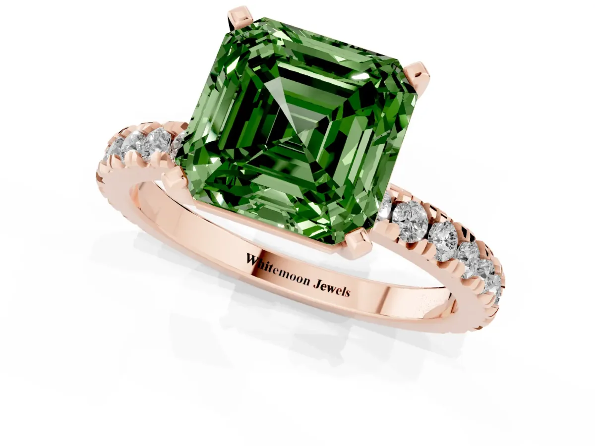 Fancy Green Asscher Cut Diamond Pavé Band Solitaire with Four-Prong Setting Rose gold