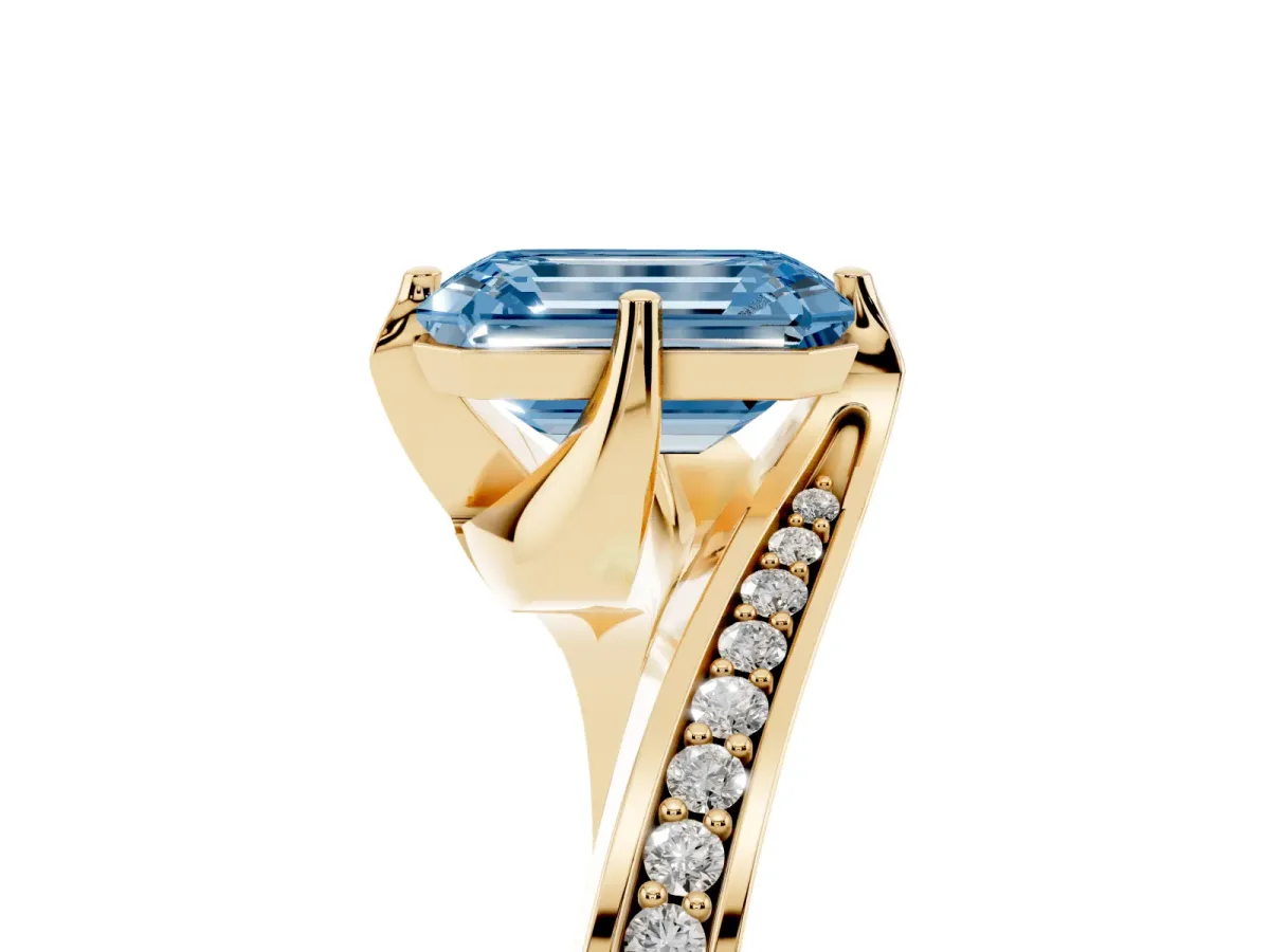 Fancy Blue Emerald Cut Solitaire Diamond Twist Band with Pavé Setting and Four-Prong Setting Yellow gold