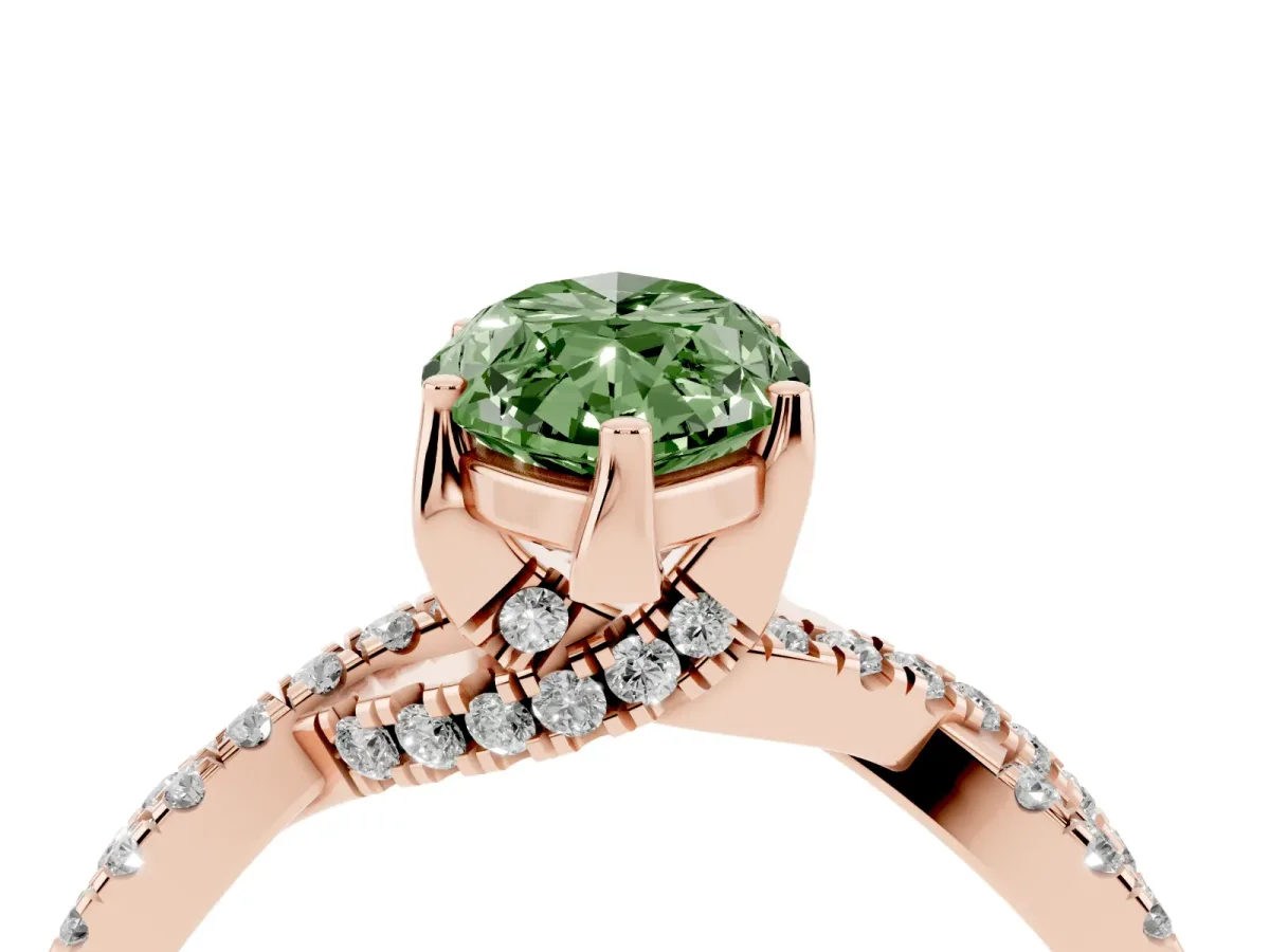 Fancy Green Marquise Cut Solitaire Twist Pave Diamond Engagement Ring with Prong Setting Rose gold