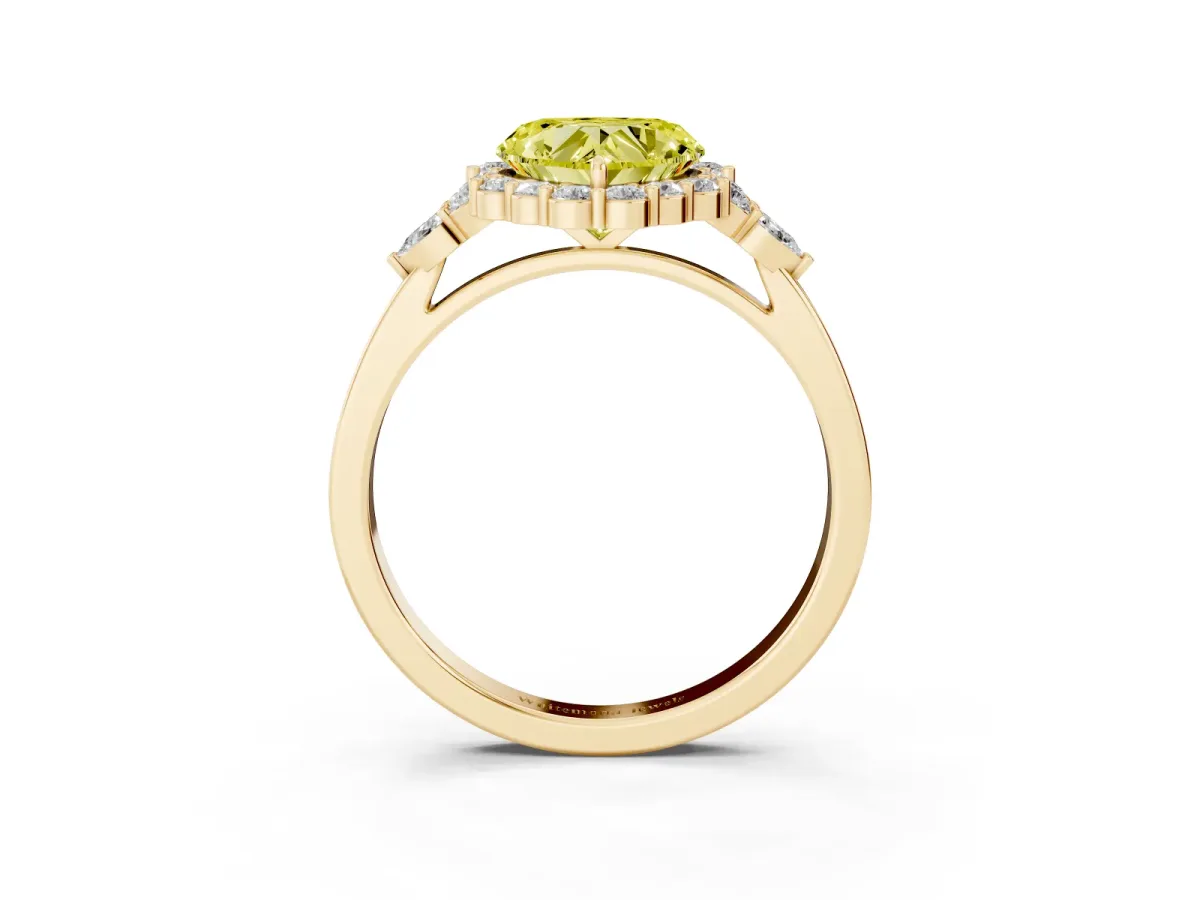Fancy Yellow Heart Cut Diamond Halo Ring with Pear Side Stones and Prong Setting Yellow gold