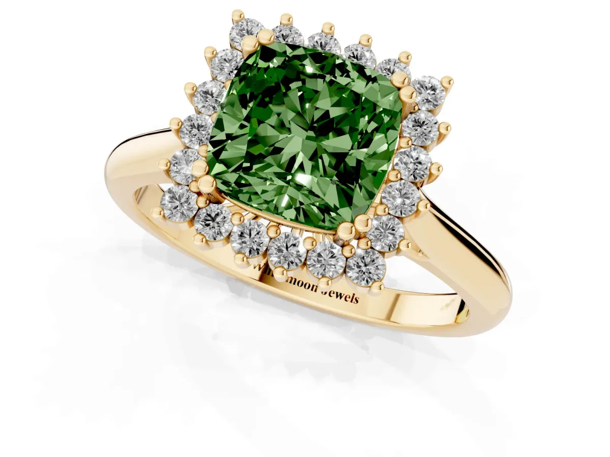 Fancy Green Cushion Cut Cut Diamond Halo Ring with Solitaire Band and Prong Setting Yellow gold