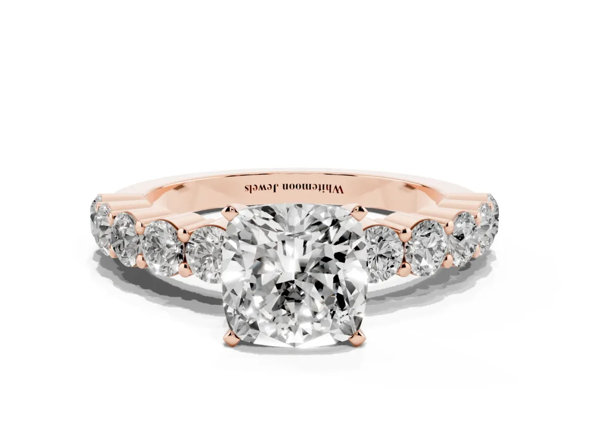 Cushion Cut Diamond Solitaire Ring with Shared Prong Round Side Stones Rose gold