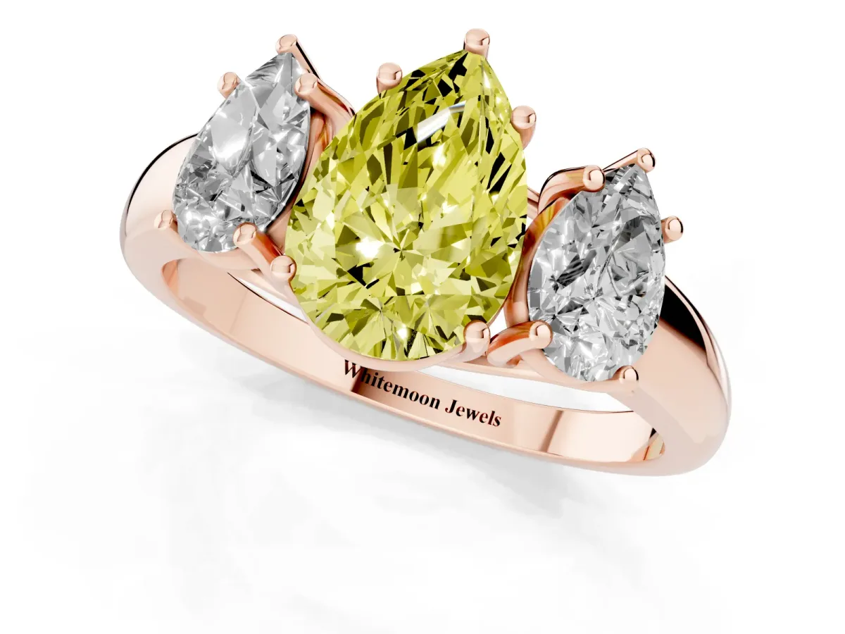 Fancy Yellow Three-Stone Pear Cut Diamond Engagement Ring with Prong Setting Rose gold