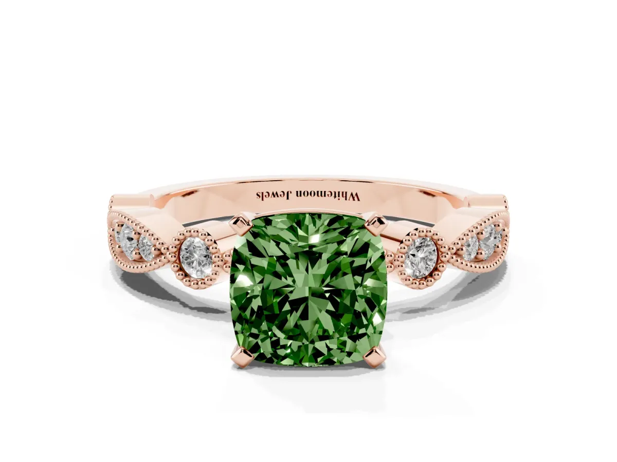 Fancy Green Cushion Cut Milgrain Bezel Diamond Engagement Ring with Solitaire Prong Setting Rose gold