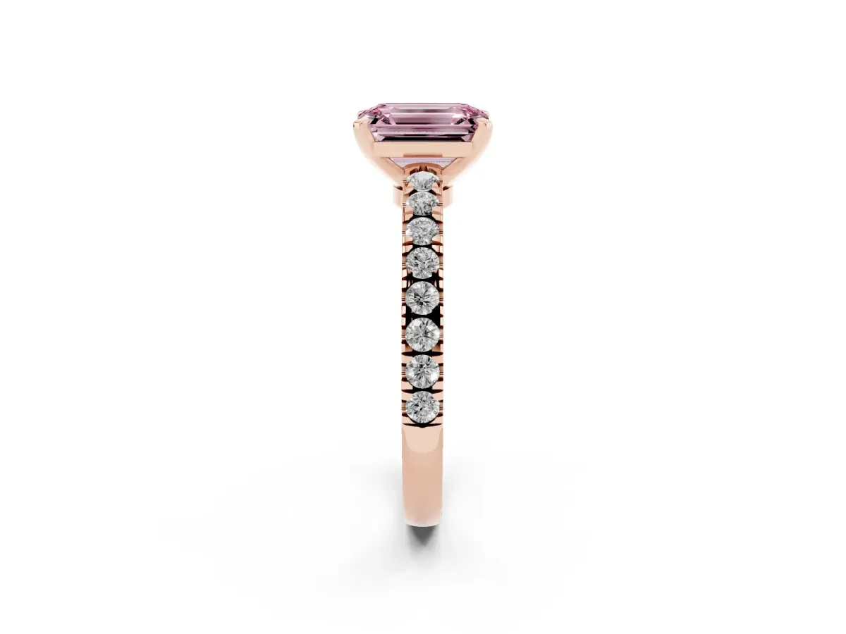 Fancy Pink Emerald Cut Solitaire Diamond with Pavé Band and Four-Prong Setting Rose gold
