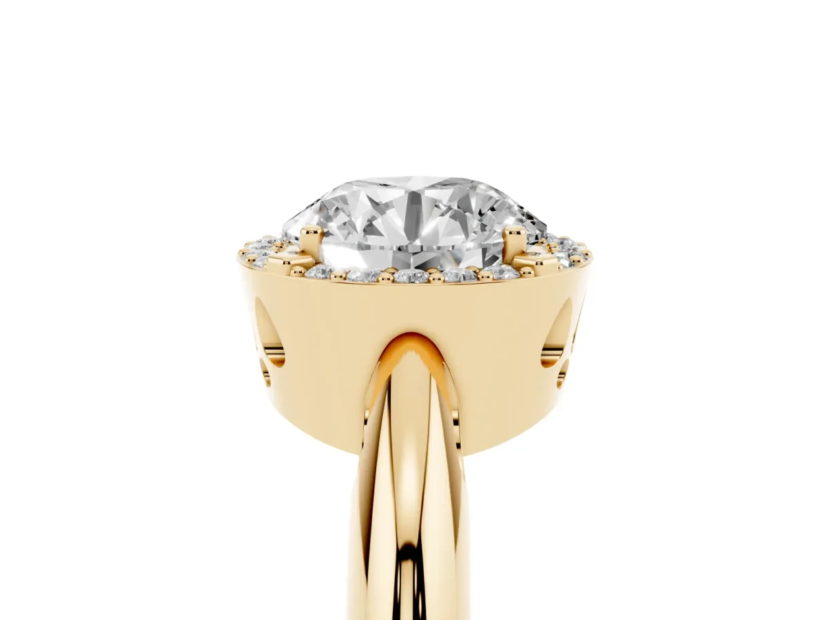 Round Cut Cut Diamond Halo Engagement Ring with Split Shank and Four-Prong Setting Yellow gold
