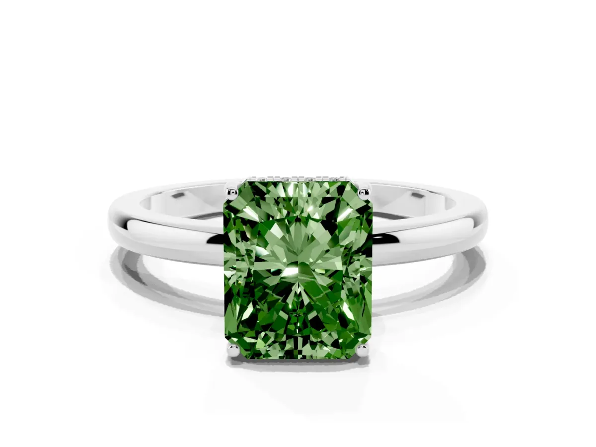 Fancy Green Radiant Cut Solitaire Diamond Ring with Prong Setting and Plain Band White gold