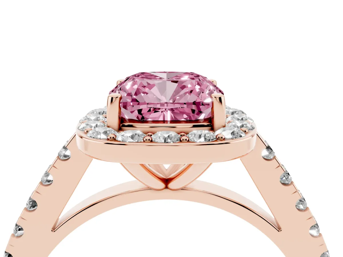 Fancy Pink Cushion Cut Diamond Halo Ring with Round Pavé Split Shank and Prong Setting Rose gold