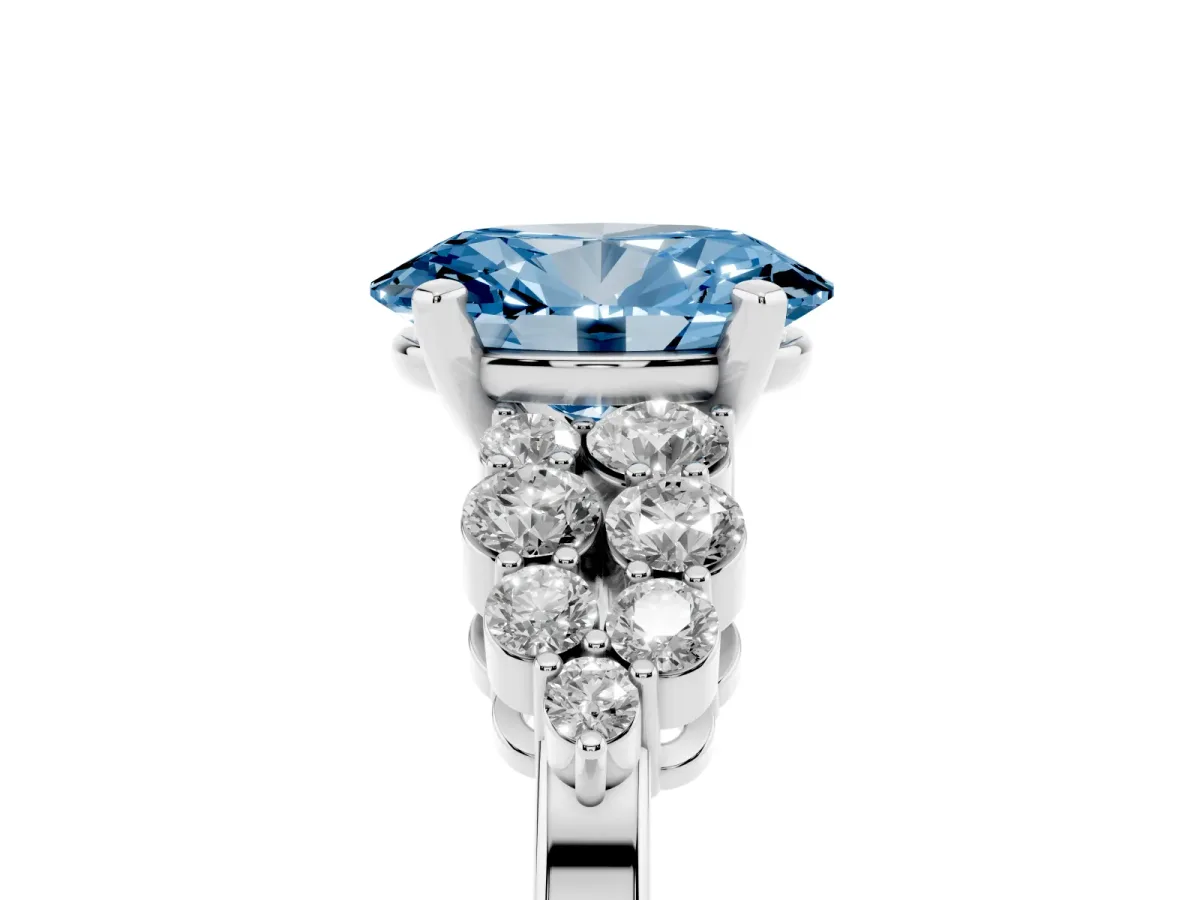 Fancy Blue Oval Cut Cluster Diamond Engagement Ring with Pavé Band and Four-Prong Setting Silver