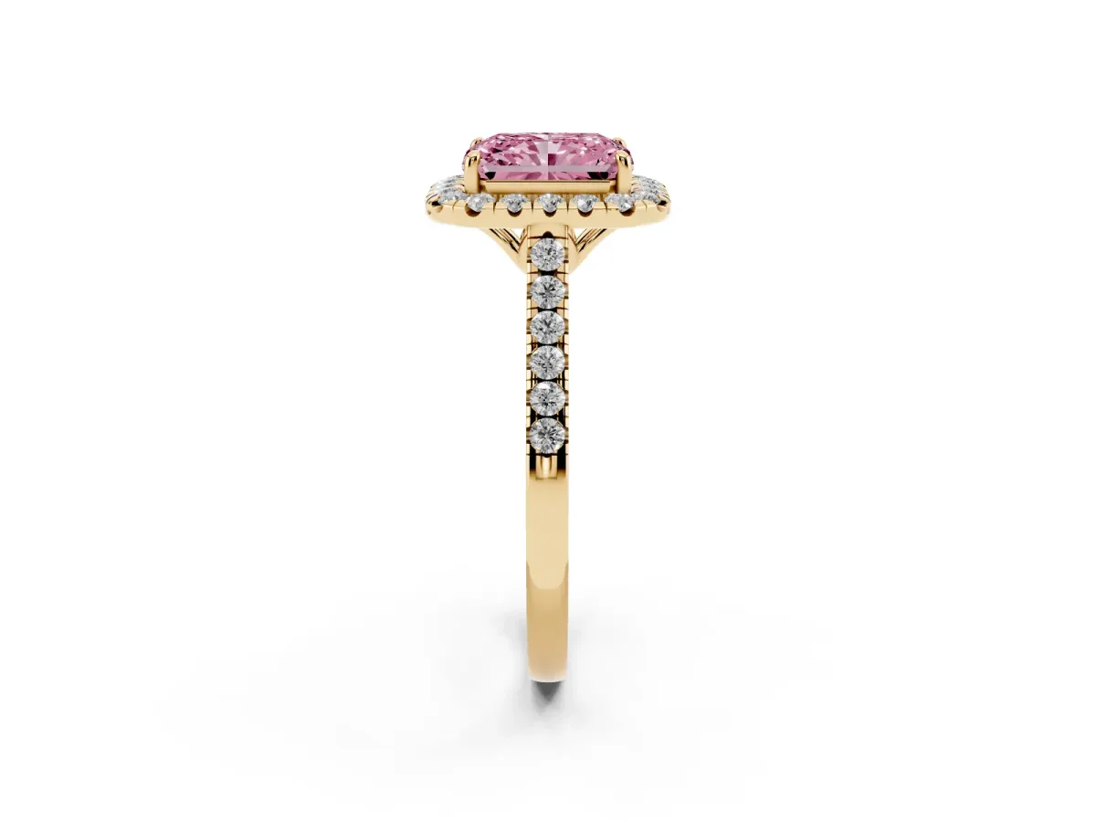 Fancy Pink Radiant Cut Halo Pavé Diamond Engagement Ring with Four-Prong Setting Yellow gold