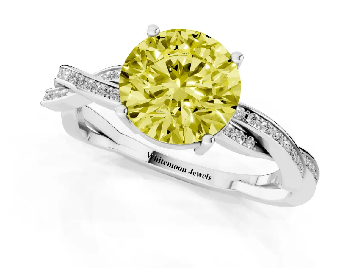 Fancy Yellow Round Cut Solitaire Twisted Pave Diamond Ring with Four-Prong Setting White gold