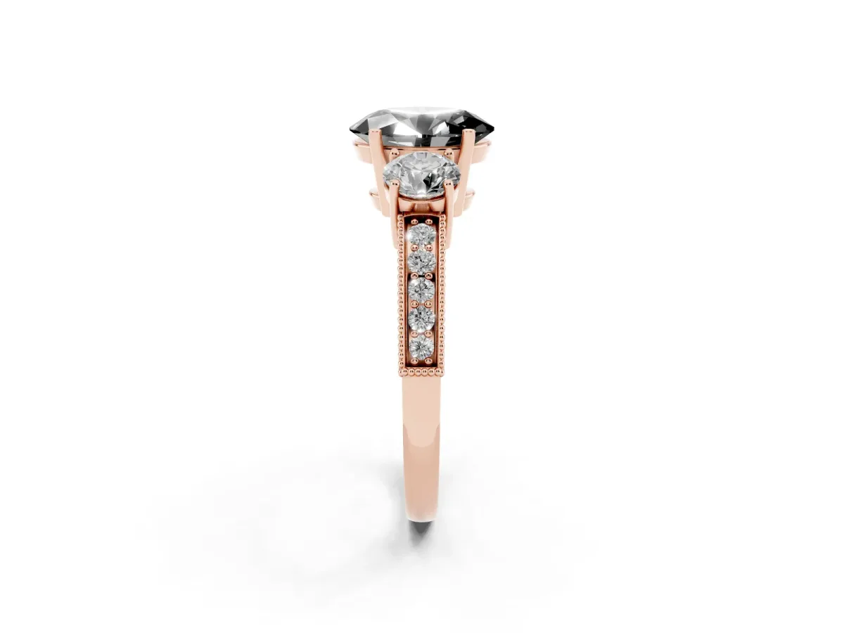 Fancy Black Oval Cut Three-Stone Diamond Ring with Pavé Band and Four-Prong Setting Rose gold