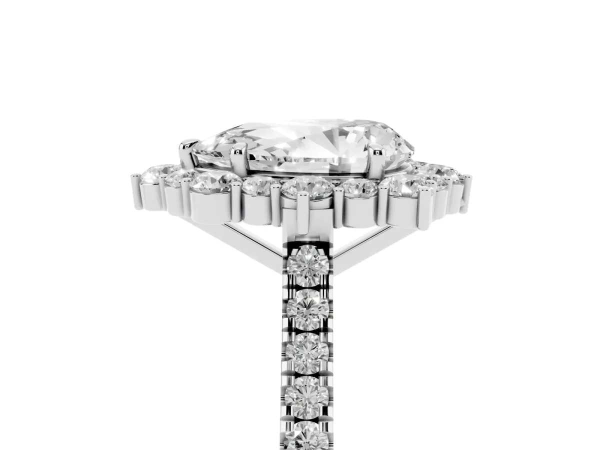 Pear Cut Halo Diamond Ring with Pavé Band and Prong Setting Silver