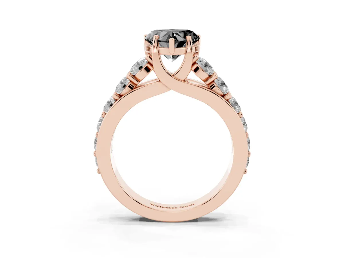 Fancy Black Heart Cut Diamond Engagement Ring with Pavé Band and Four-Prong Setting Rose gold