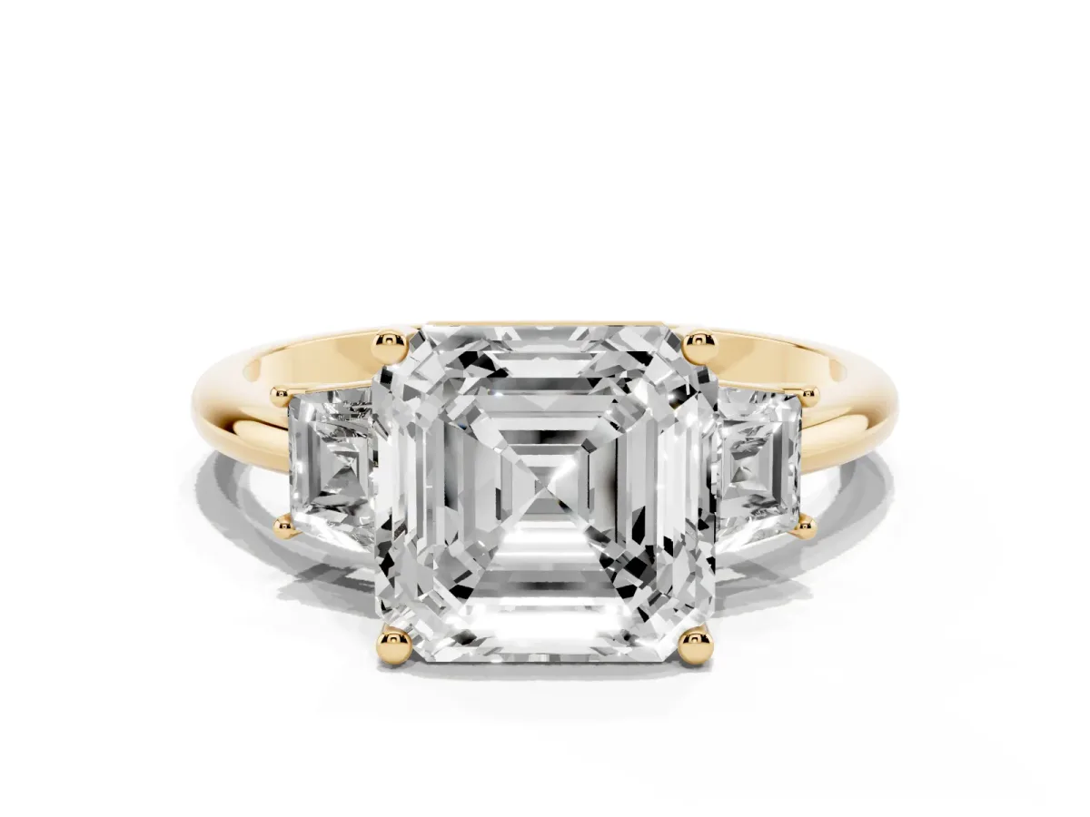 Asscher Cut Diamond Three-Stone Ring with Trapezoid Side Stones and Prong Setting Yellow gold