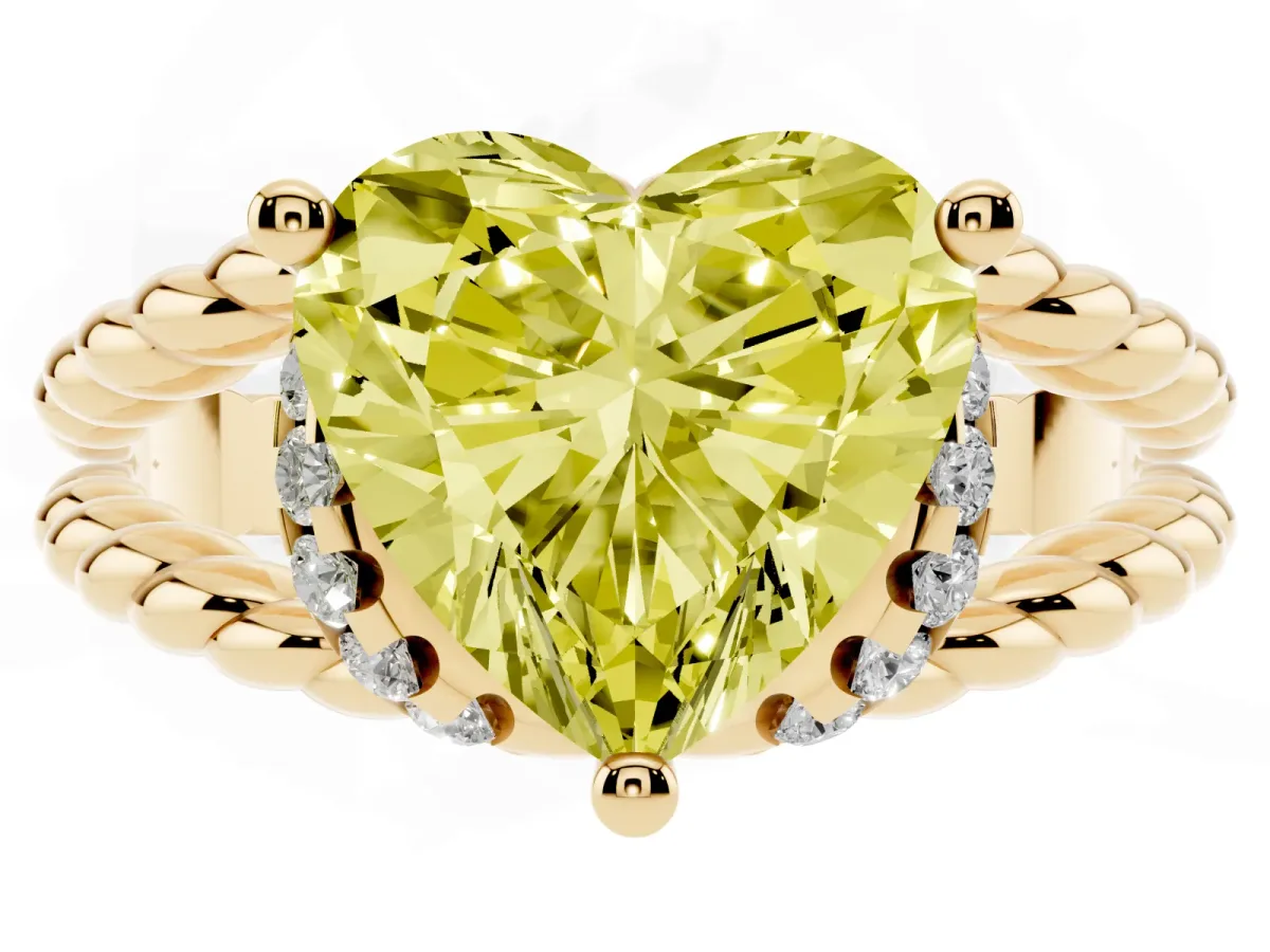Fancy Yellow Heart Cut Halo Twisted Band Four-Prong Ring Yellow gold
