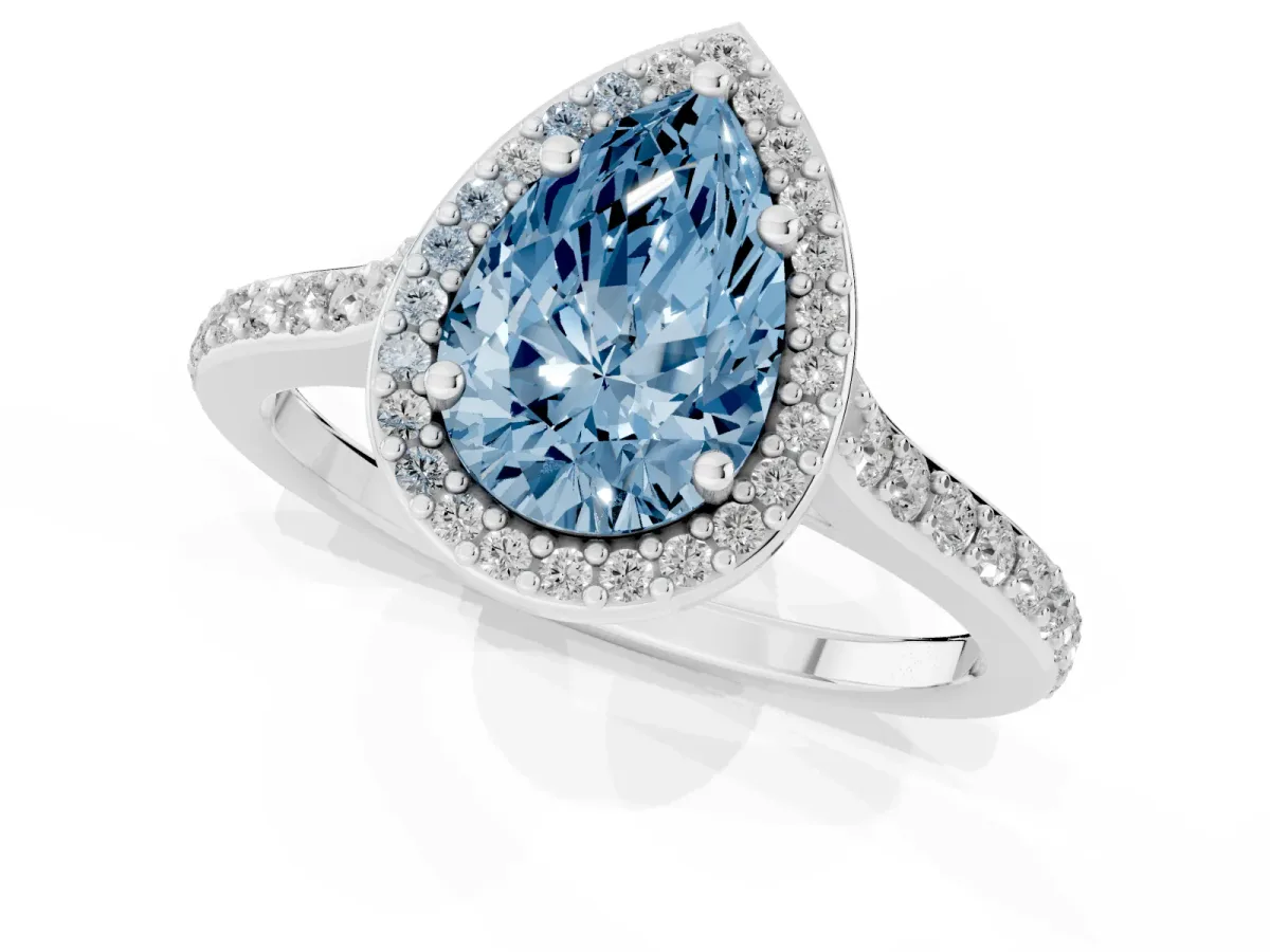 Fancy Blue Pear Cut Diamond Halo Engagement Ring with Round Pavé Shoulders and Prong Setting Platinum