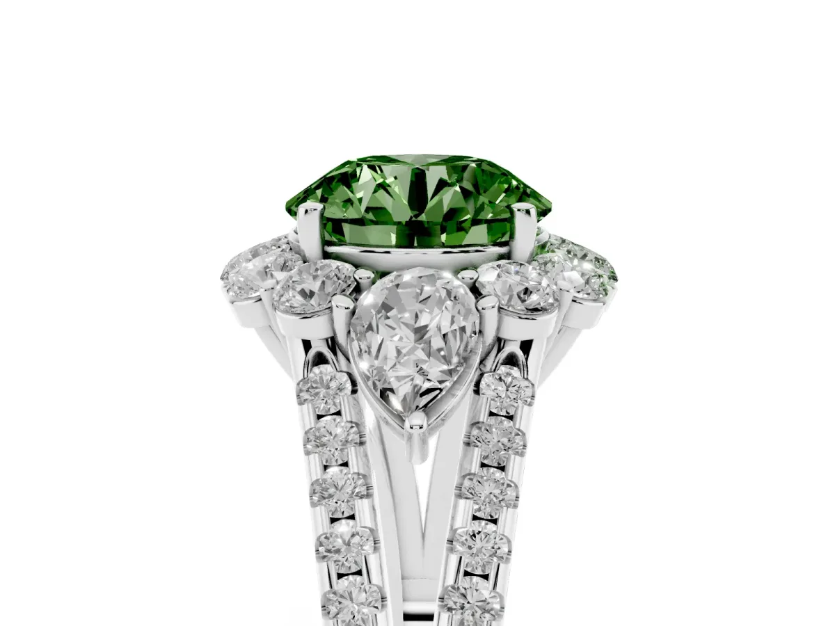 Fancy Green Round Cut Halo Split Shank Diamond Engagement Ring with Prong Setting Silver