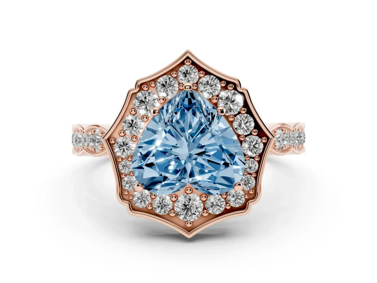 Fancy Blue Heart Cut Halo Diamond Engagement Ring with Milgrain Band and Four-Prong Setting Rose gold