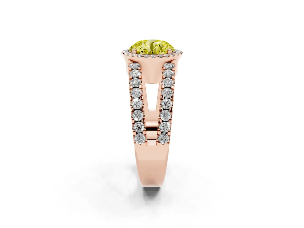Fancy Yellow Round Cut Cut Halo Split Shank Diamond Ring with Four-Prong Setting Rose gold