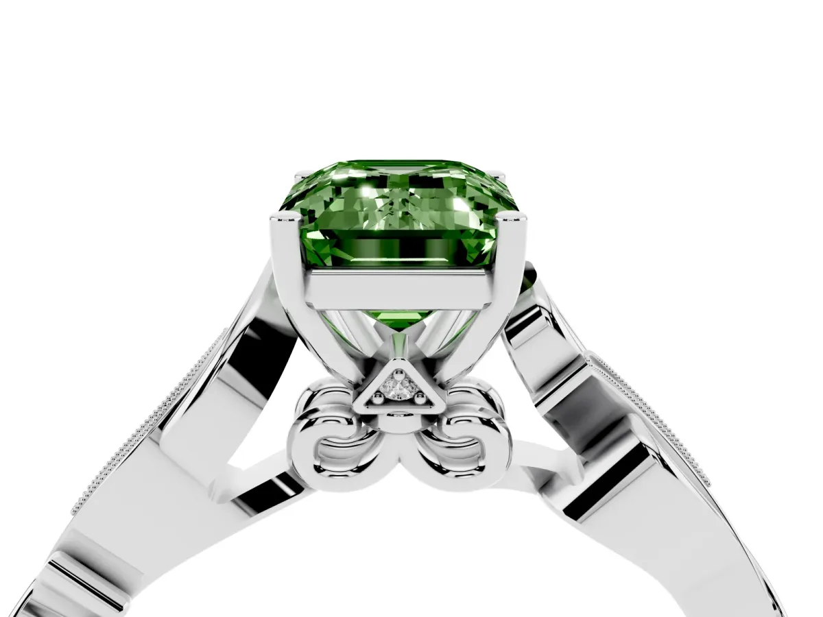 Fancy Green Emerald Cut Solitaire Vine Band with Milgrain Prong Setting Platinum