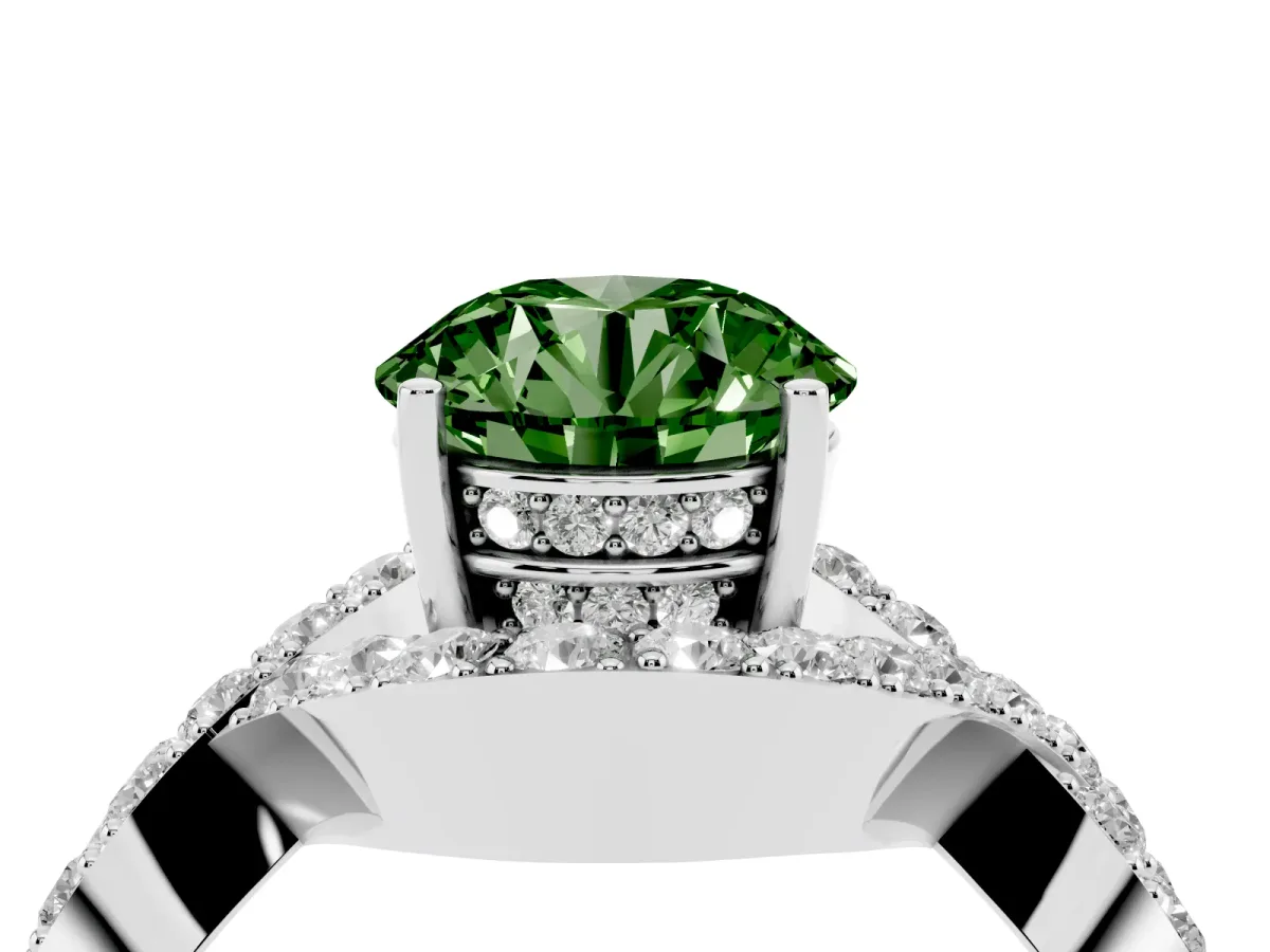 Fancy Green Round Cut Solitaire Twist Band Pavé Diamond Engagement Ring Silver