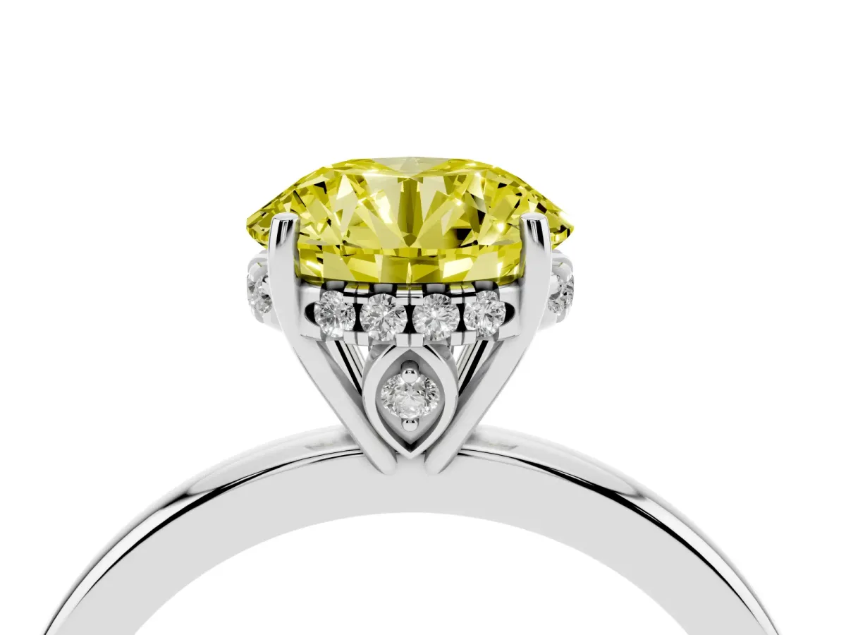 Fancy Yellow Round Cut Solitaire Diamond Ring with Prong Setting and Plain Band Silver