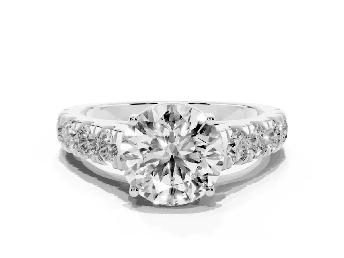 Round Cut Cut Diamond Solitaire Ring with Micro Pave Band and Prong Setting Platinum