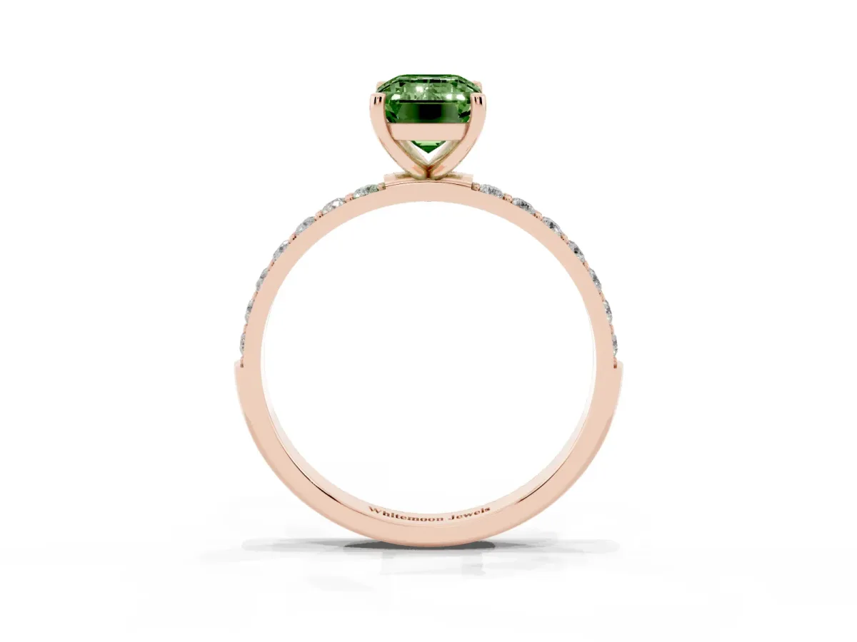 Fancy Green Emerald Cut Diamond Solitaire Ring with Round Pavé Shoulders and Prong Setting Rose gold