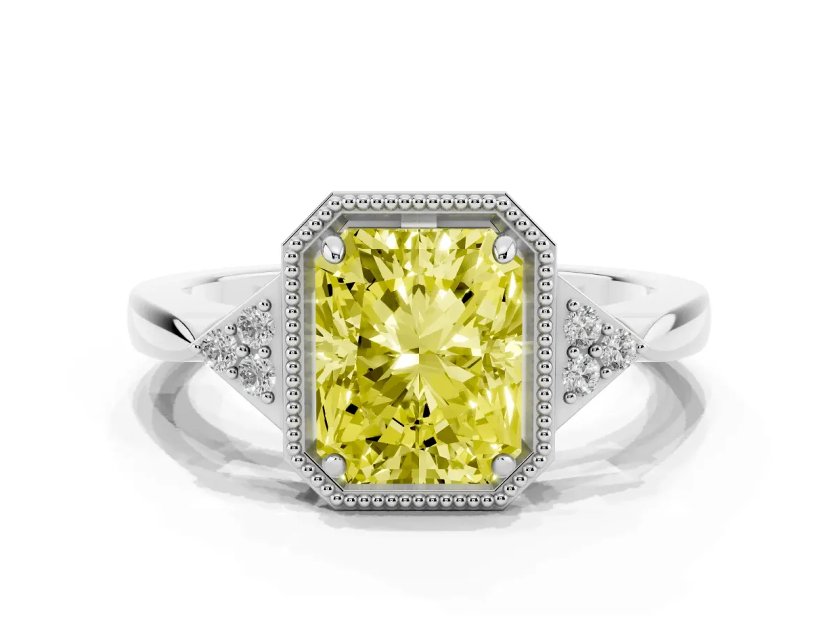 Fancy Yellow Hexagonal Halo Radiant Cut Diamond Solitaire with Pavé Band and Four-Prong Setting White gold