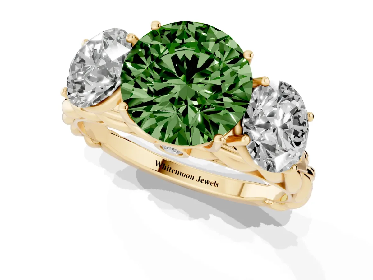 Fancy Green Three-Stone Round Cut Diamond Braided Band Ring with Four-Prong Setting Yellow gold