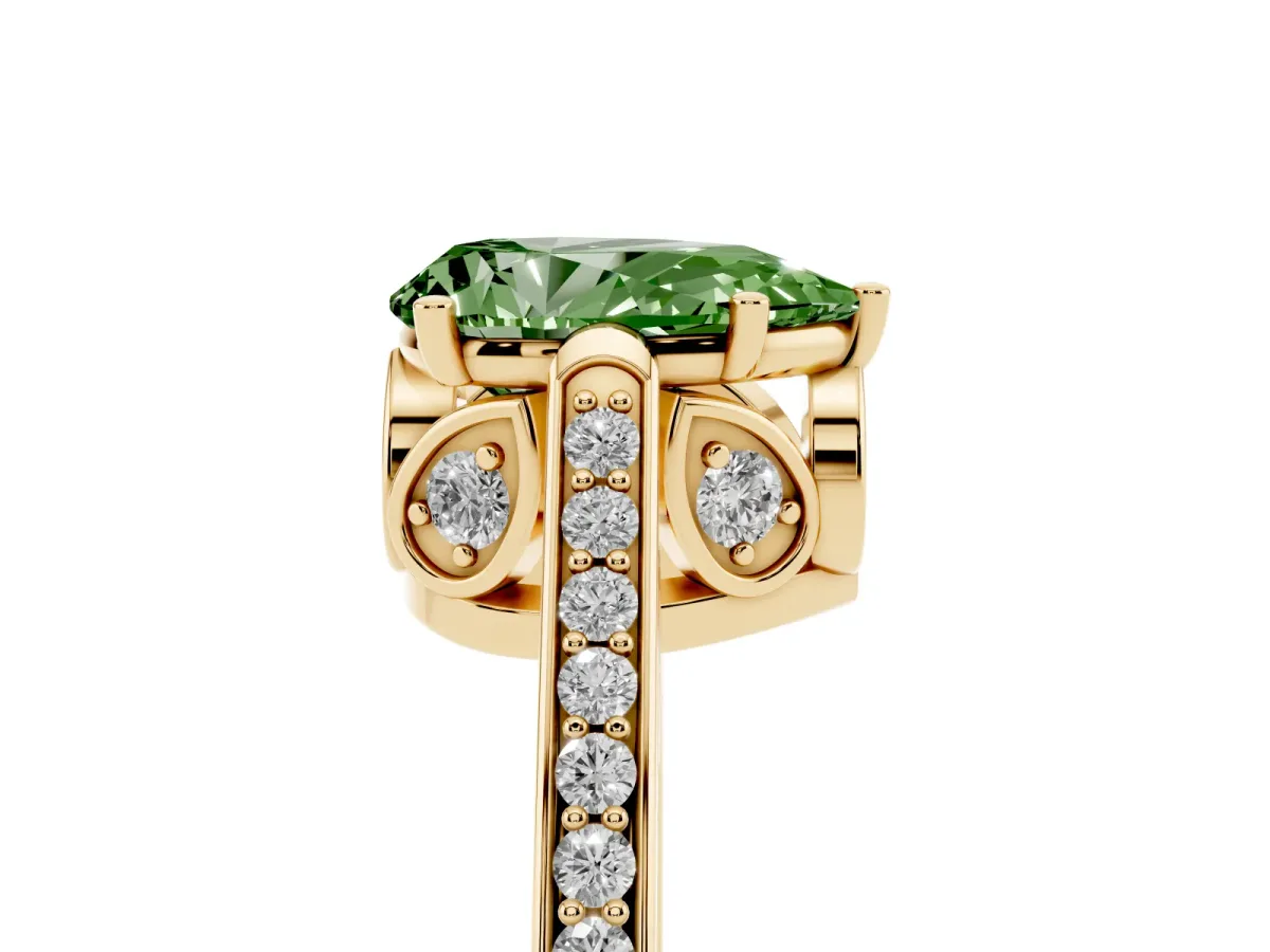 Fancy Green Pear Cut Cut Cathedral Pave Diamond Engagement Ring with Six-Prong Setting Yellow gold