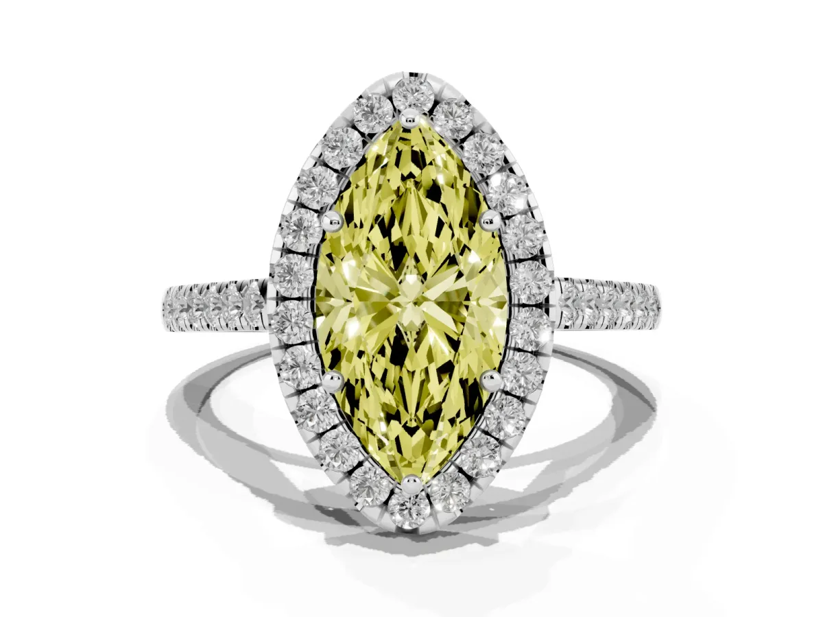 Fancy Yellow Marquise Cut Halo Pave Diamond Engagement Ring with Four-Prong Setting Silver