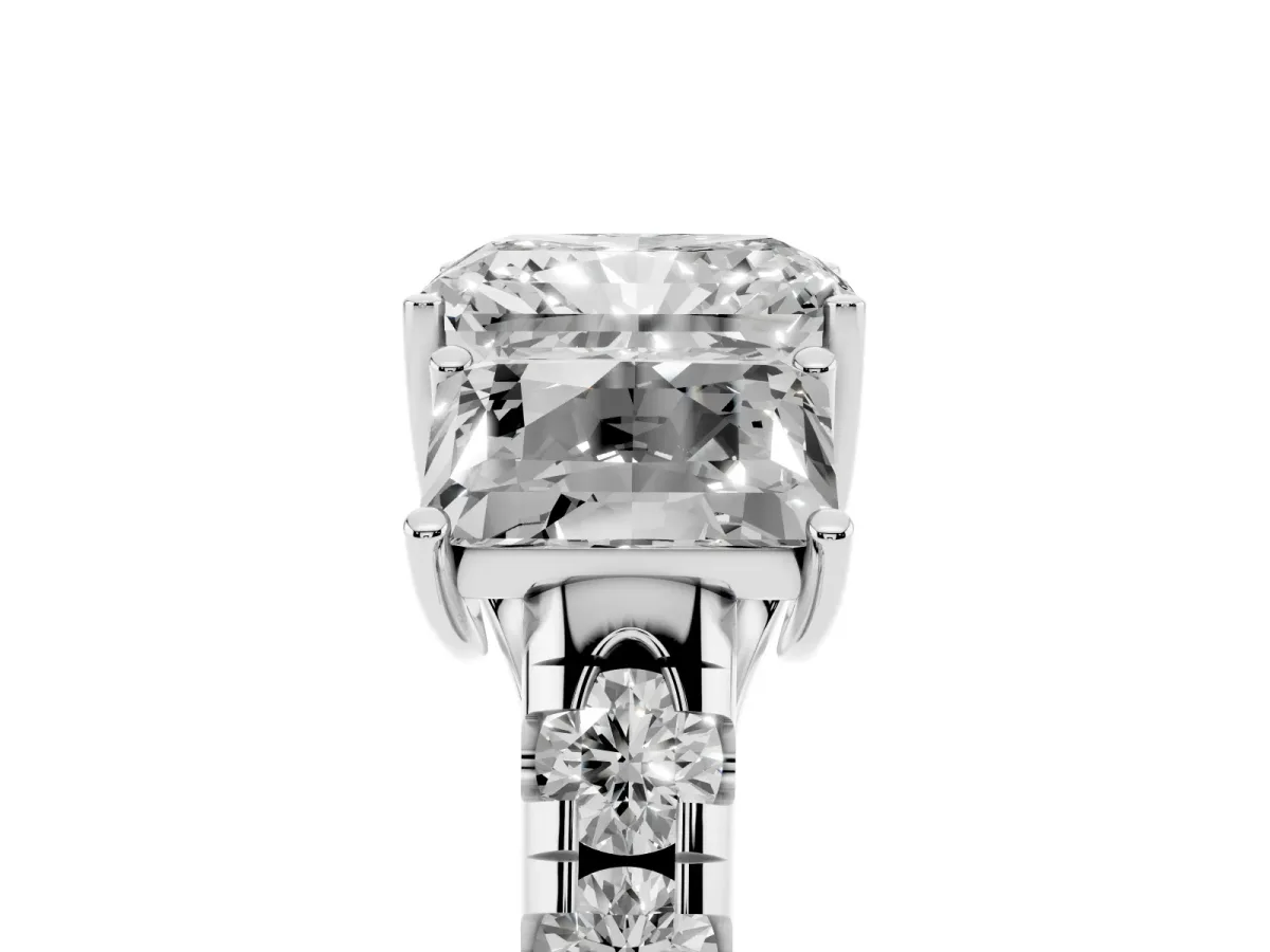 Three-Stone Radiant Cut Diamond Pavé Band with Prong Setting White gold
