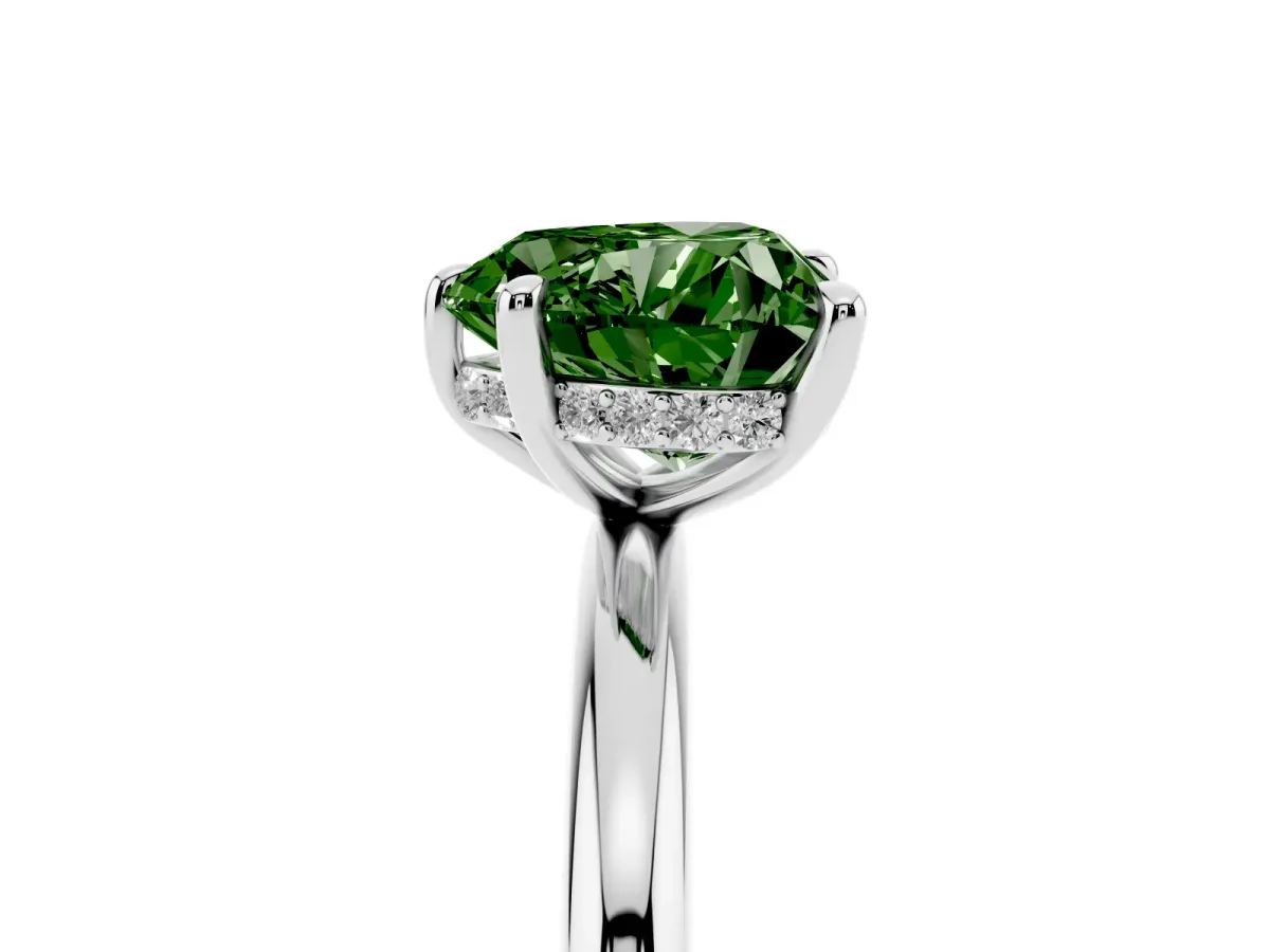 Fancy Green Heart Cut Diamond Solitaire Ring with Thin Band and Four-Prong Setting Platinum