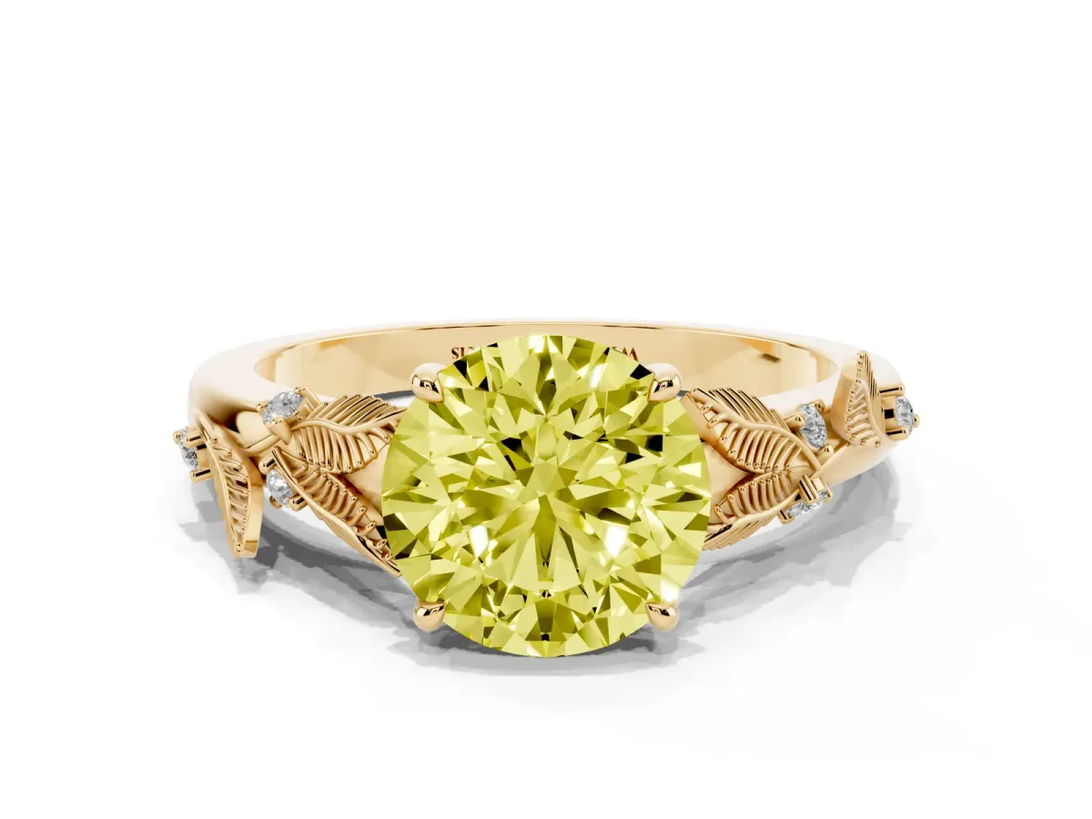 Fancy Yellow Round Cut Diamond Solitaire Ring with Leaf Motif Band and Four-Prong Setting Yellow gold