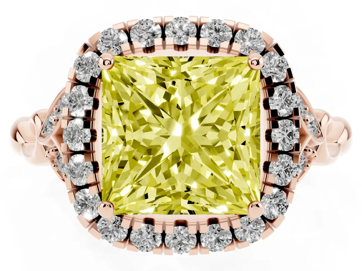 Fancy Yellow Princess Cut Halo Diamond Engagement Ring with Vintage-Inspired Band and Four-Prong Setting Rose gold