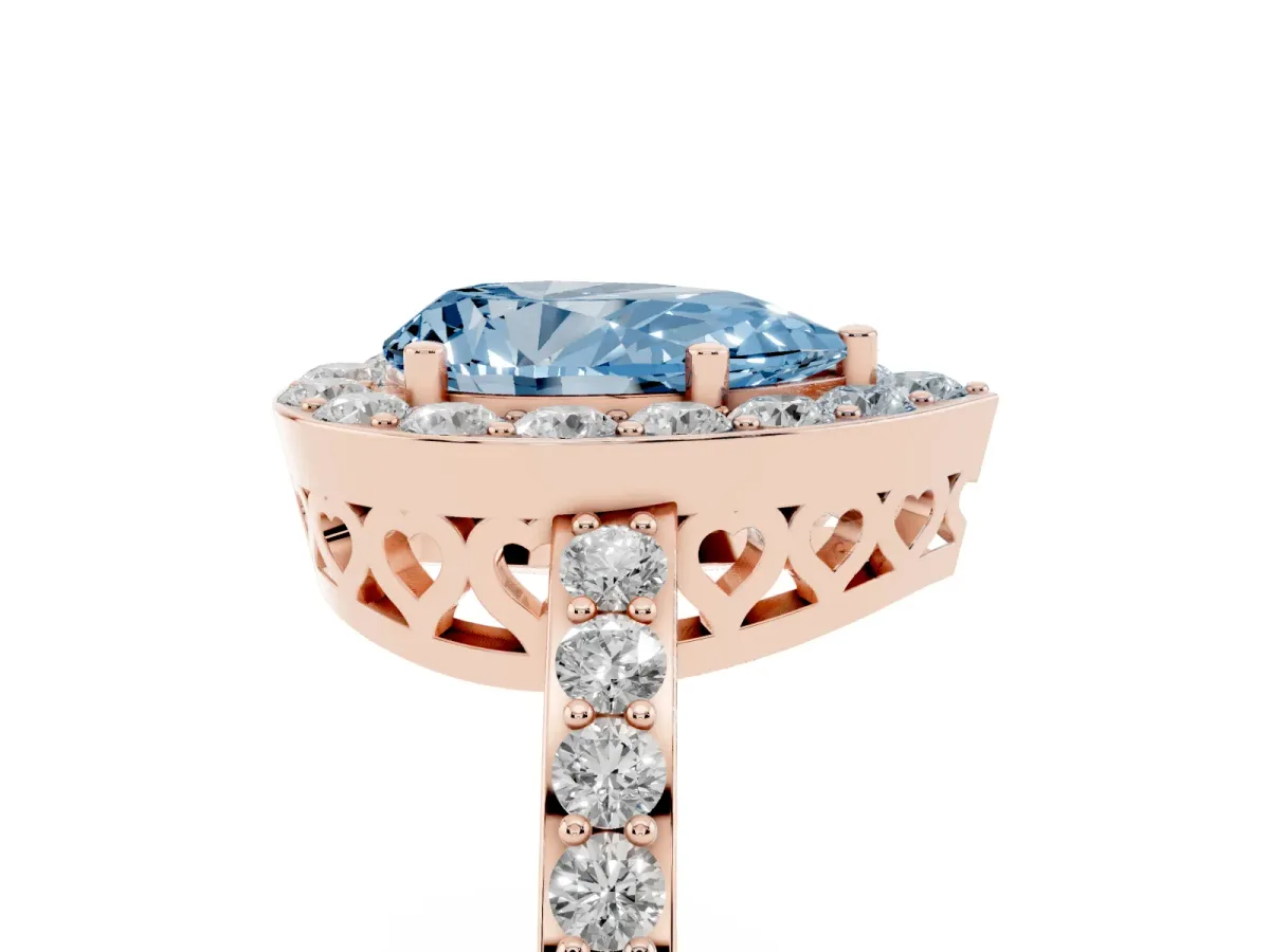 Fancy Blue Pear Cut Halo Diamond Pavé Band Ring with Prong Setting Rose gold