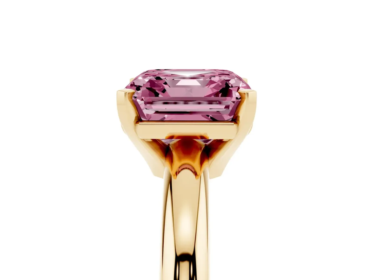 Fancy Pink Asscher Cut Diamond Solitaire Engagement Ring with Round Band and Four-Prong Setting Yellow gold