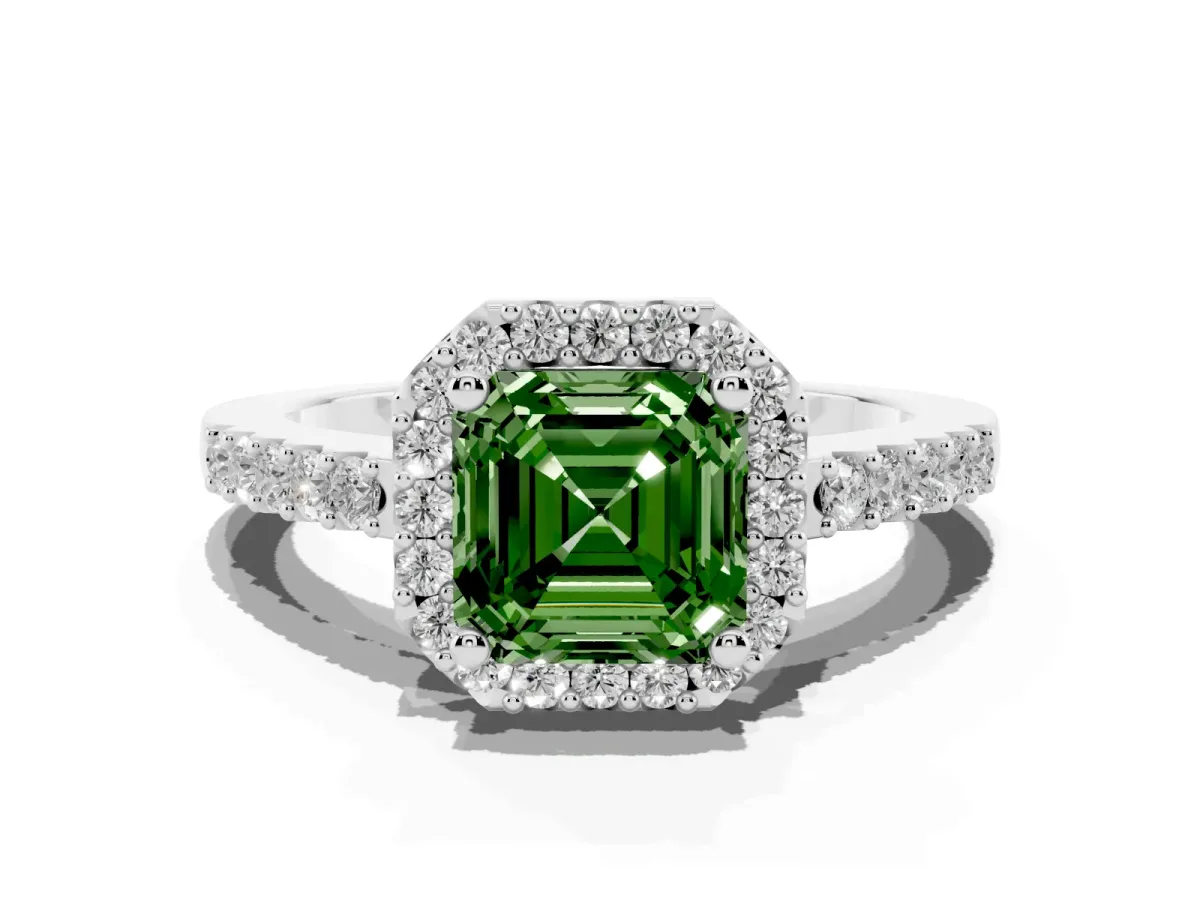 Fancy Green Asscher Cut Halo Diamond Pavé Solitaire Ring Silver