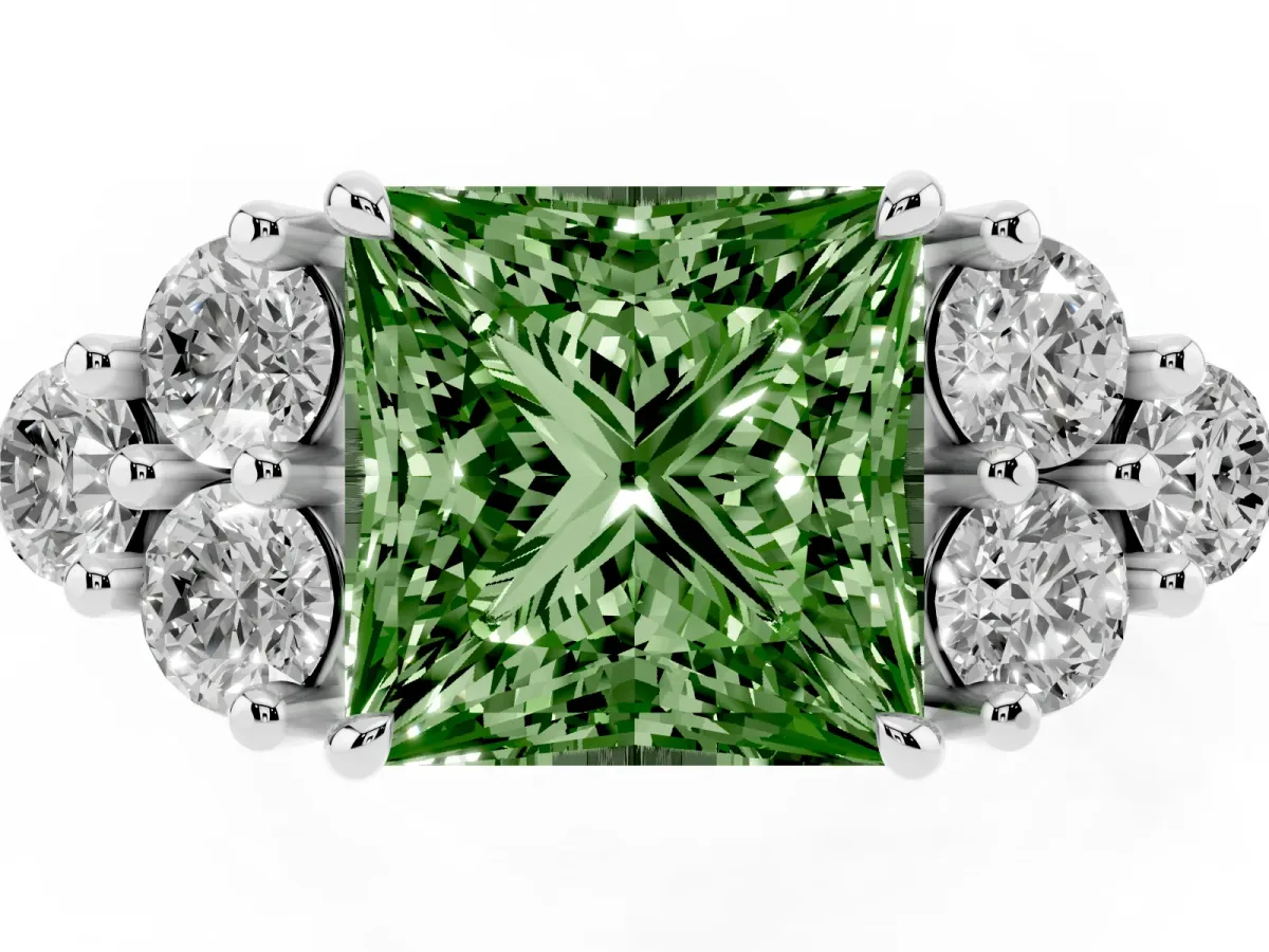 Fancy Green Princess Cut Brilliant Diamond Cluster Accent Solitaire Ring with Prong Setting Platinum