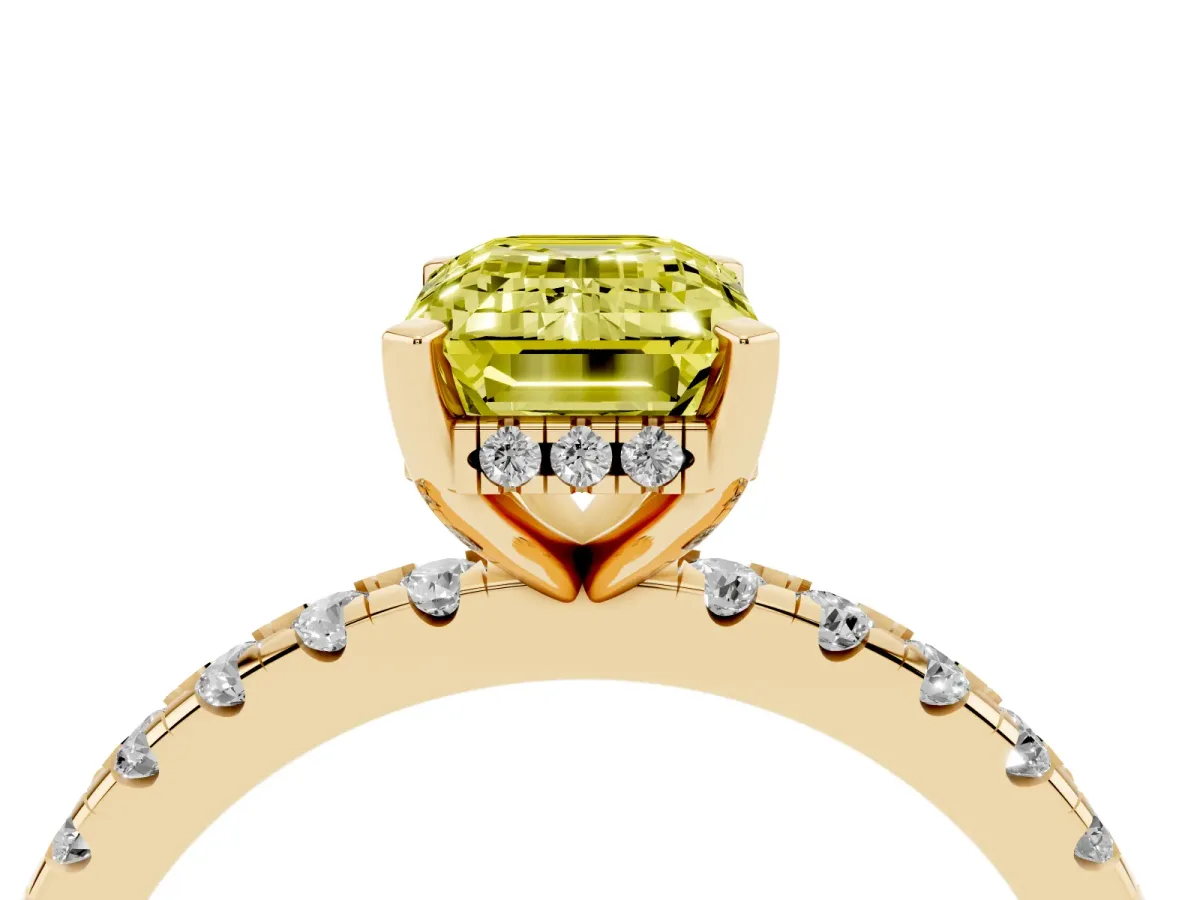 Fancy Yellow Emerald Cut Diamond Solitaire Ring with Round Pavé Band and Four-Prong Setting Yellow gold