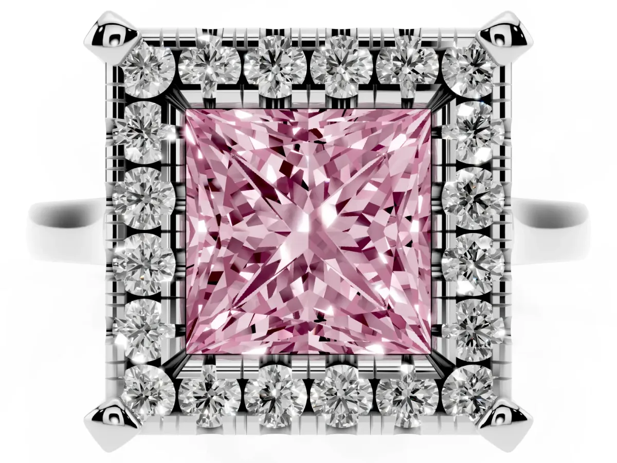Fancy Pink Princess Cut Diamond Cluster Halo Solitaire with Four-Prong Setting Silver
