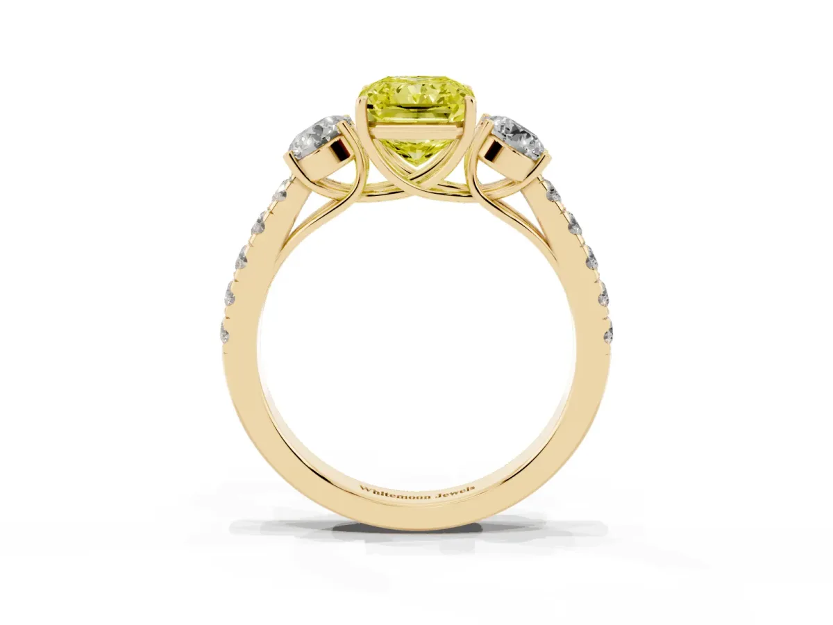 Fancy Yellow Radiant Cut Cut Diamond Three-Stone Ring with Round Side Stones and Pavé Band Yellow gold