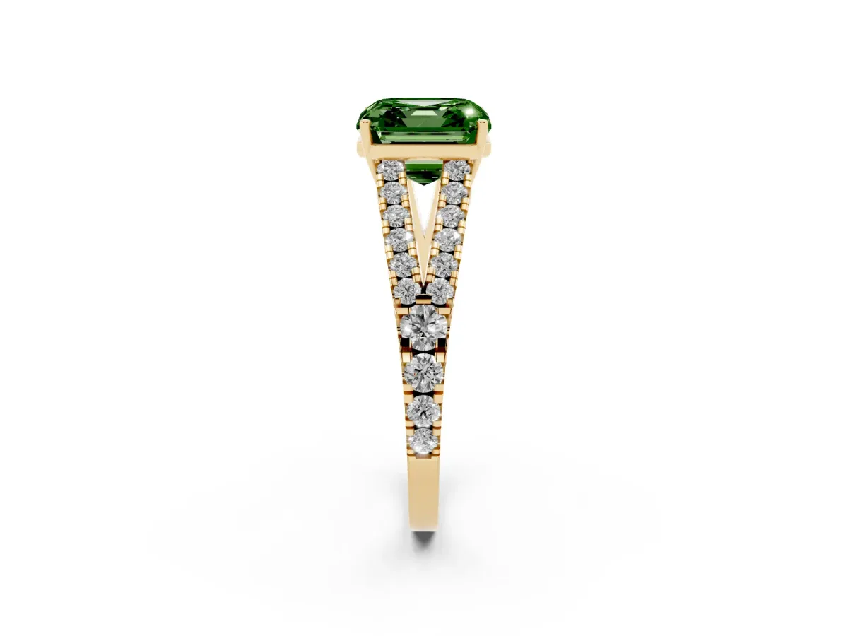 Fancy Green Asscher Cut Diamond Split Shank Pavé Engagement Ring with Four-Prong Setting Yellow gold