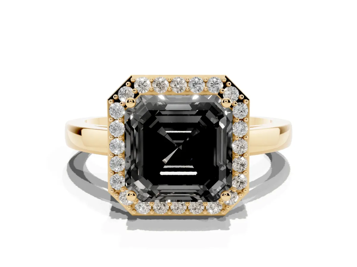 Fancy Black Asscher Cut Halo Diamond Ring with Solitaire Band and Prong Setting Yellow gold