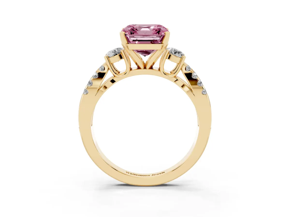 Fancy Pink Asscher Cut Diamond Three-Stone Ring with Pavé Split Shank and Four-Prong Setting Yellow gold