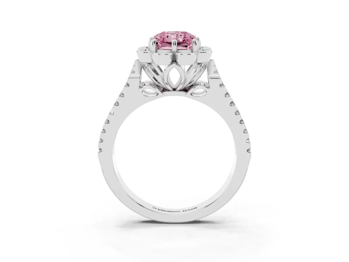 Fancy Pink Radiant Cut Halo Diamond Floral Split Shank Engagement Ring Platinum